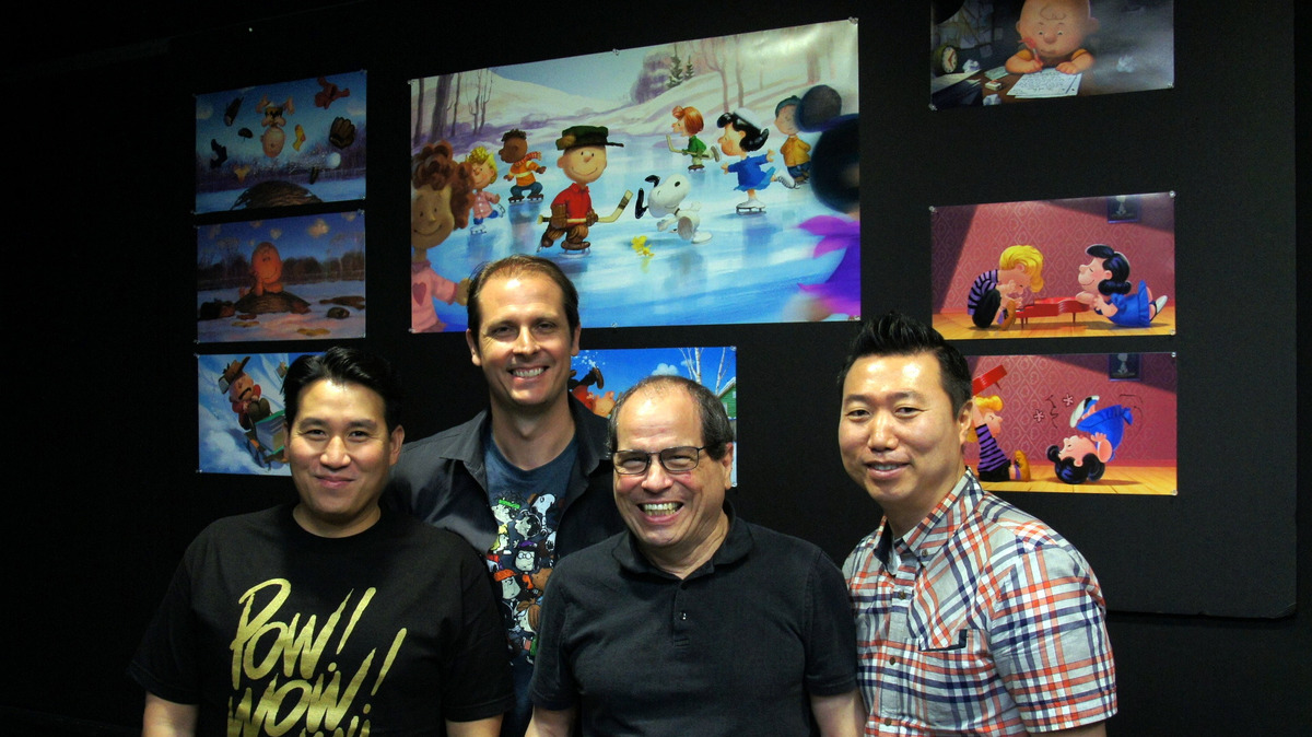 The Peanuts Movie's core animations team. Seated at computer: Jeff Gabor, Lead Animator, Snoopy. Far left: Scott Carroll, Supervising Animation, and Nick Bruno, Supervising Animator.